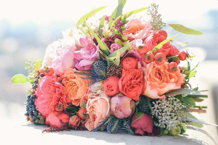 bridal bouquet on the white sandy beach