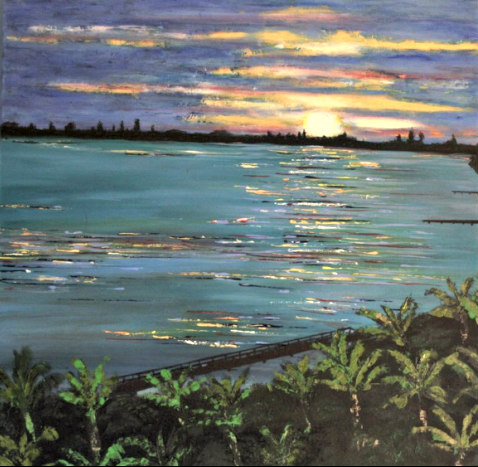 Painting of sunset over the water, on display at Siesta Key's Siesta Fiesta
