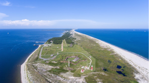 Aerial view of Fort Morgan and the surround secluded beaches.