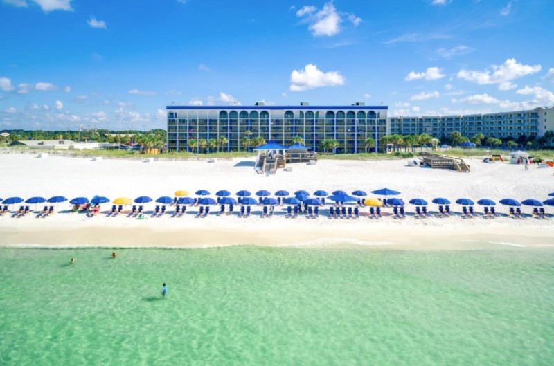 Beachfront view of The Island Resort in Fort Walton Beach, FL -- right on the magnificent sugar white sands of Okaloosa Island.
