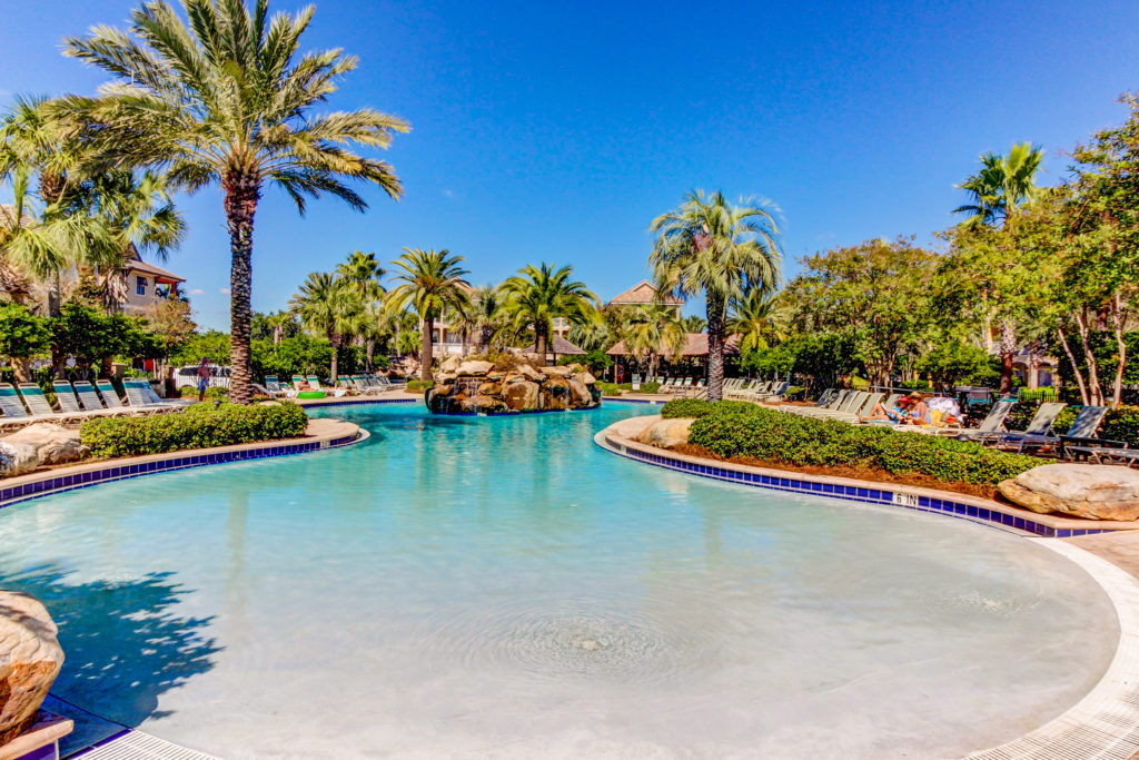 The resort-style lagoon pool at the Villages of Crystal Beach in Destin, Florida.